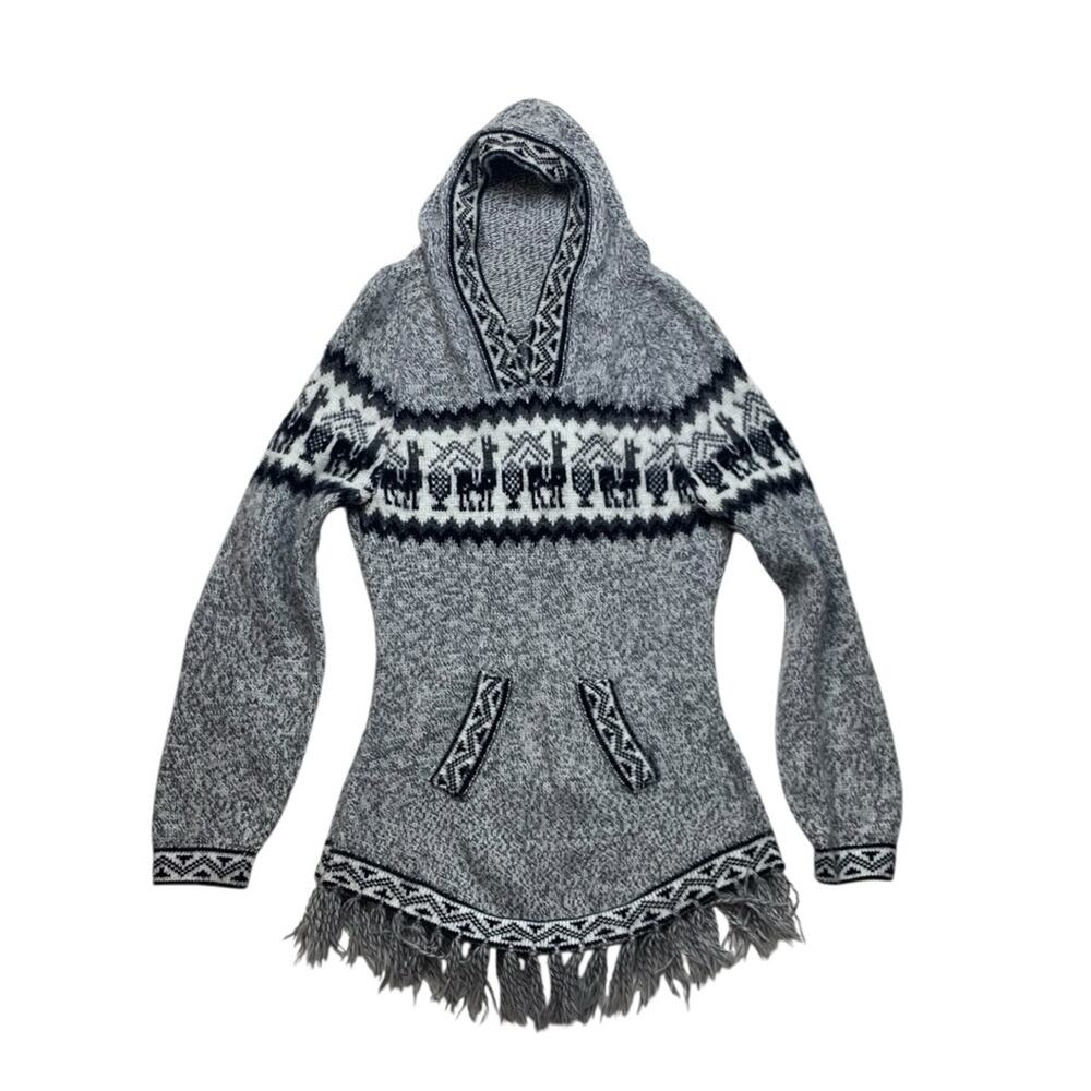 Grupo Bisanti small alpaca hooded knit Gray Black Llama Pattern Sweater